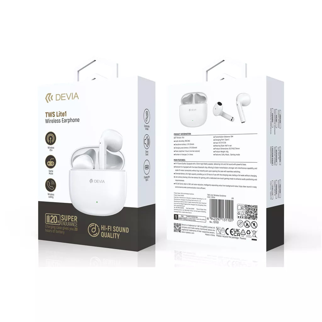 Devia - TWS Lite1 - True Wireless Earbuds & Charging Case - White