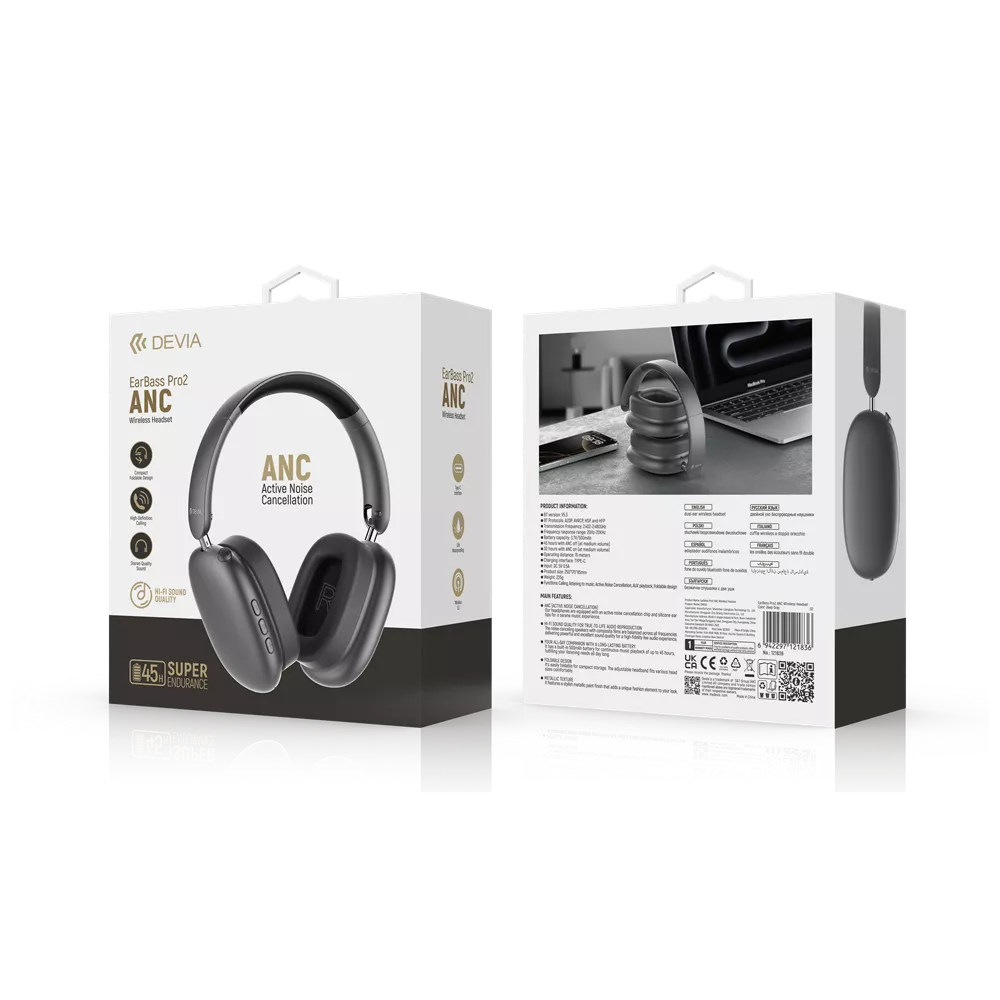 Devia - EarBass Pro2 - ANC On-Ear Wireless Headphones - Dark Grey