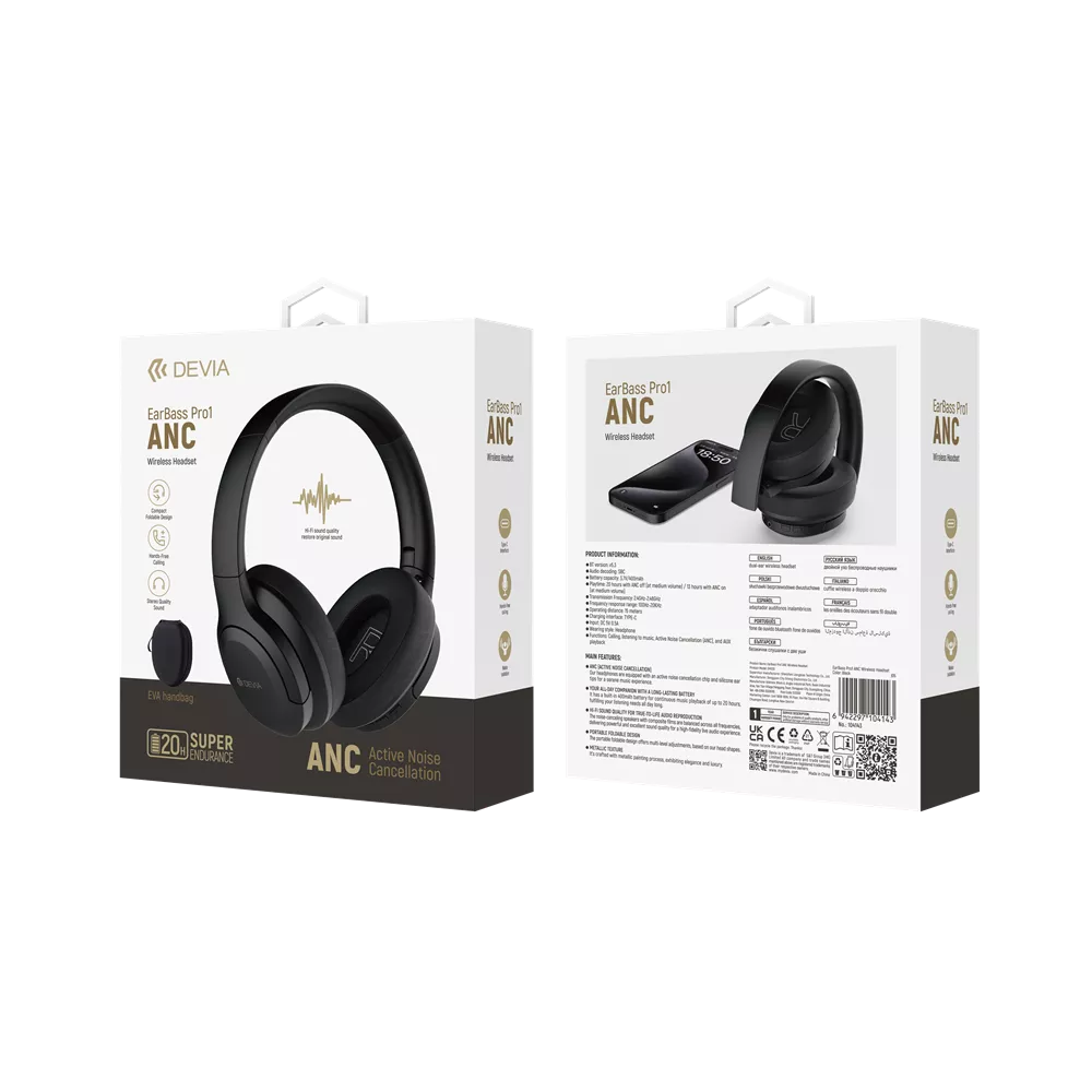 Devia - EarBass Pro - ANC Foldable On-Ear Wireless Headphones - BlacK