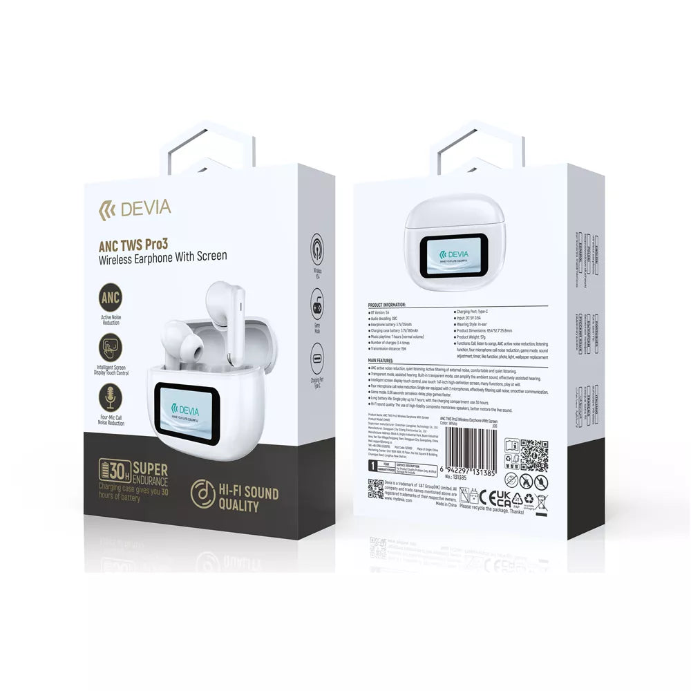 Devia - ANC TWS Pro3 - True Wireless Earbuds & Charging Case & Screen - White