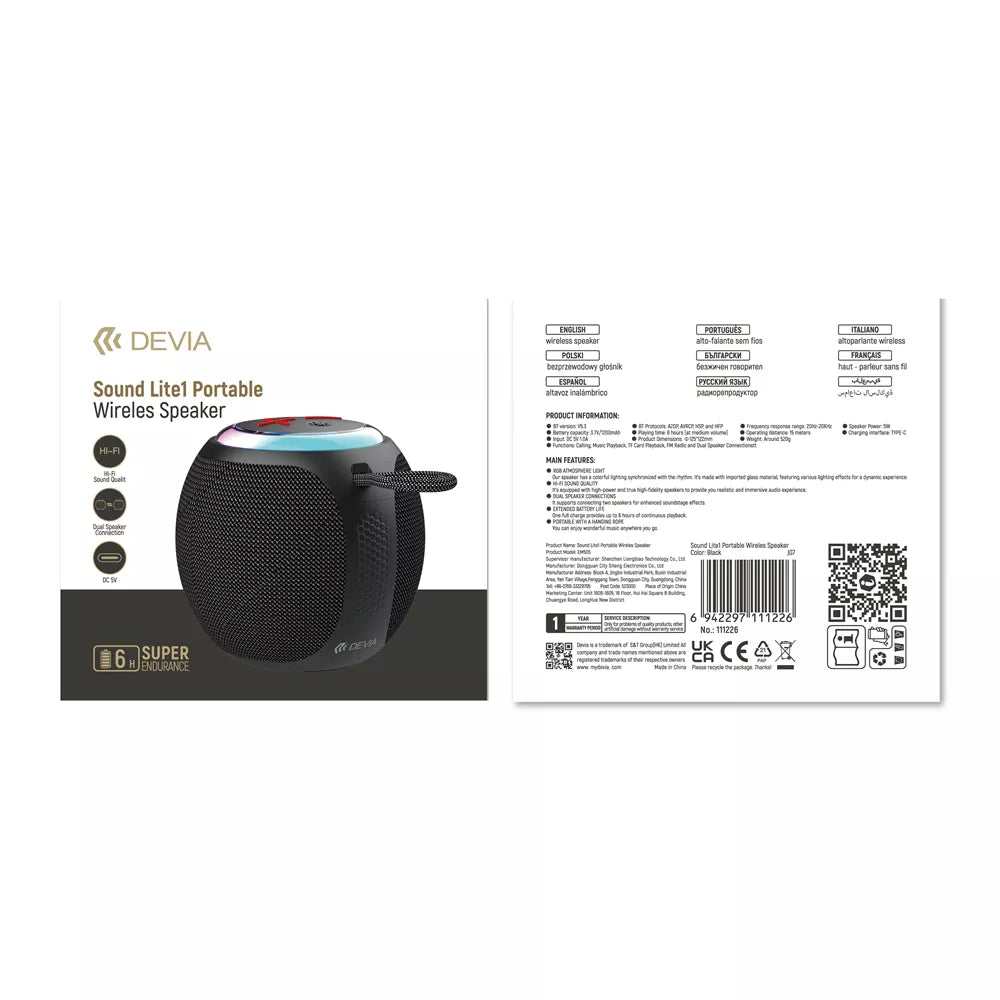 Devia - 5W SoundLite1 Bluetooth Wireless Speaker - Black