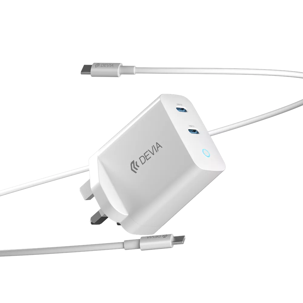 Devia - 45W GaN Dual USB-C 3-Pin UK Charging Plug & 1.5m USB-C to USB-C Cable - White