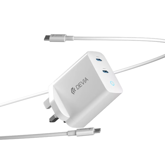 Devia - 45W GaN Dual USB-C 3-Pin UK Charging Plug & 1.5m USB-C to USB-C Cable - White
