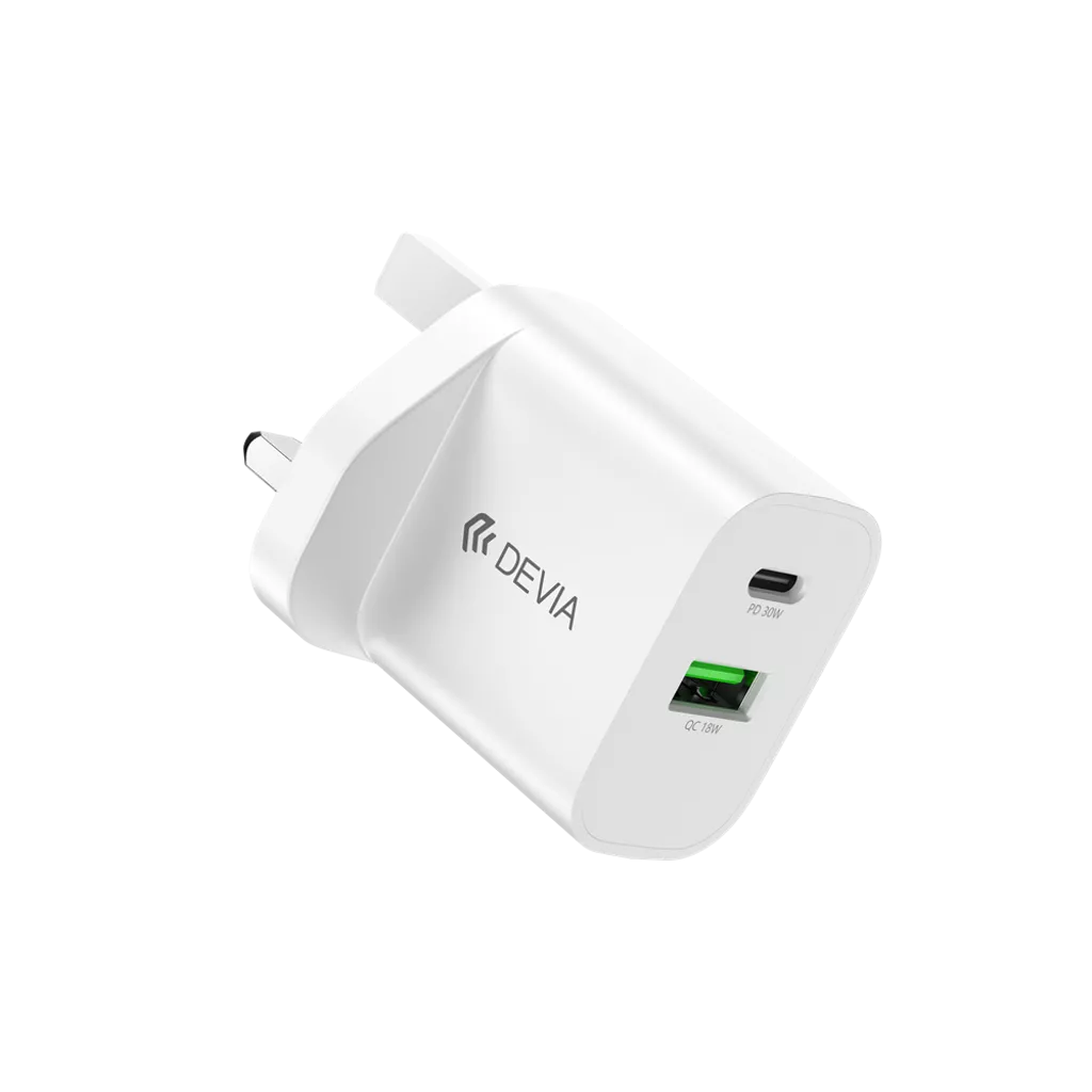 Devia - 30W GaN Dual USB-C Power Delivery & USB Qualcomm 3-Pin UK Charging Plug - White
