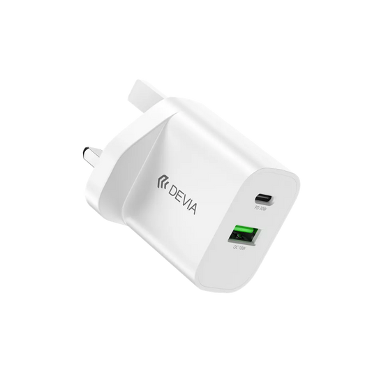 Devia - 30W GaN Dual USB-C Power Delivery & USB Qualcomm 3-Pin UK Charging Plug - White