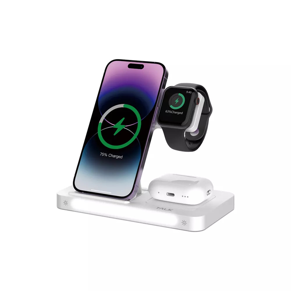 Devia - 15W Foldable Travel Triple Wireless Magnetic Charging Pad for Apple iPhone, Airpods & Watch & Night Lamp - White