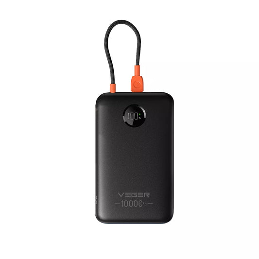 Veger - K1C - 10,000mAh 22.5W PD Digital Display Light Weight Powerbank With Built In USB-C Cable - Black