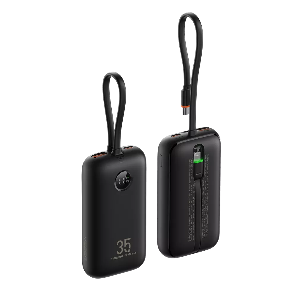 Veger - K1 - 10,000mAh 35W PD Digital Display Powerbank With Built In Non-MFI Lightning & USB-C Cable - Black