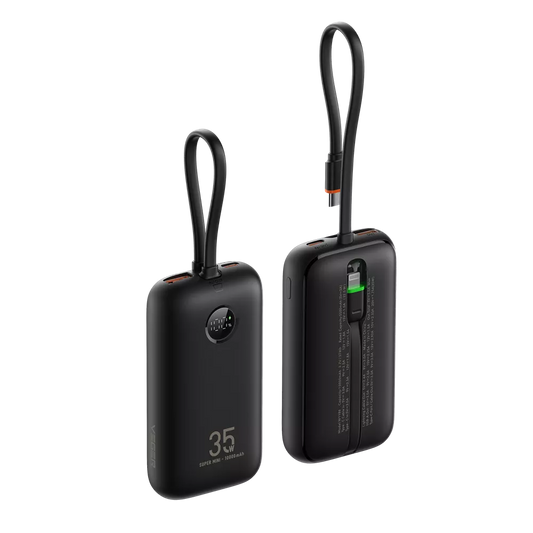 Veger - K1 - 10,000mAh 35W PD Digital Display Powerbank With Built In Non-MFI Lightning & USB-C Cable - Black