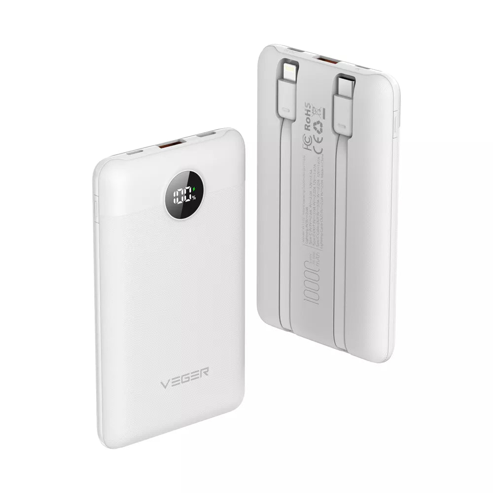 Veger - C11 - 10,000mAh 22.5W PD Digital Display Light Weight Powerbank With Built In Non-MFI Lightning & USB-C Cable - White