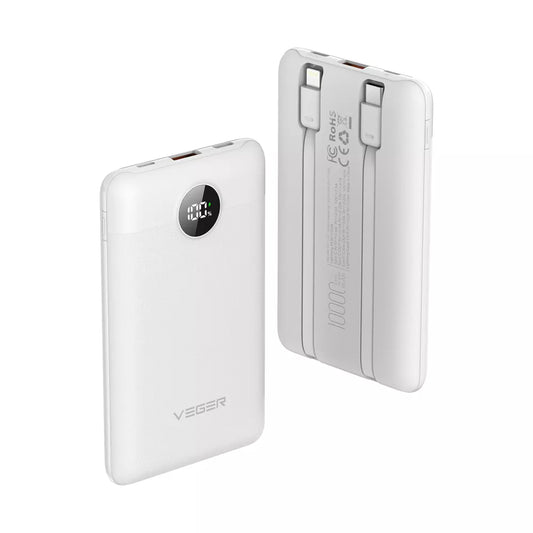 Veger - C11 - 10,000mAh 22.5W PD Digital Display Light Weight Powerbank With Built In Non-MFI Lightning & USB-C Cable - White