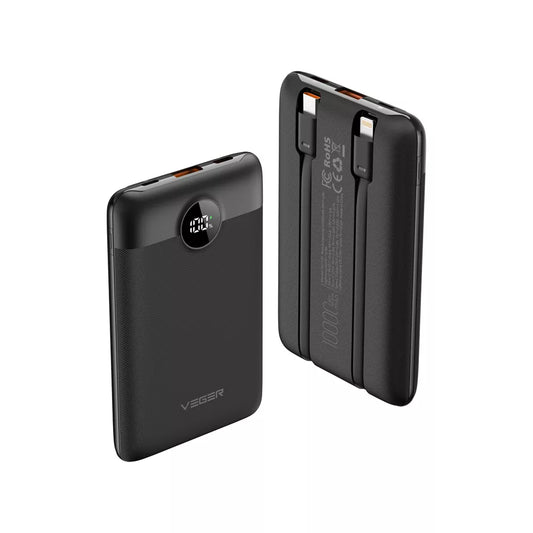Veger - C11 - 10,000mAh 22.5W PD Digital Display Light Weight Powerbank With Built In Non-MFI Lightning & USB-C Cable - Black