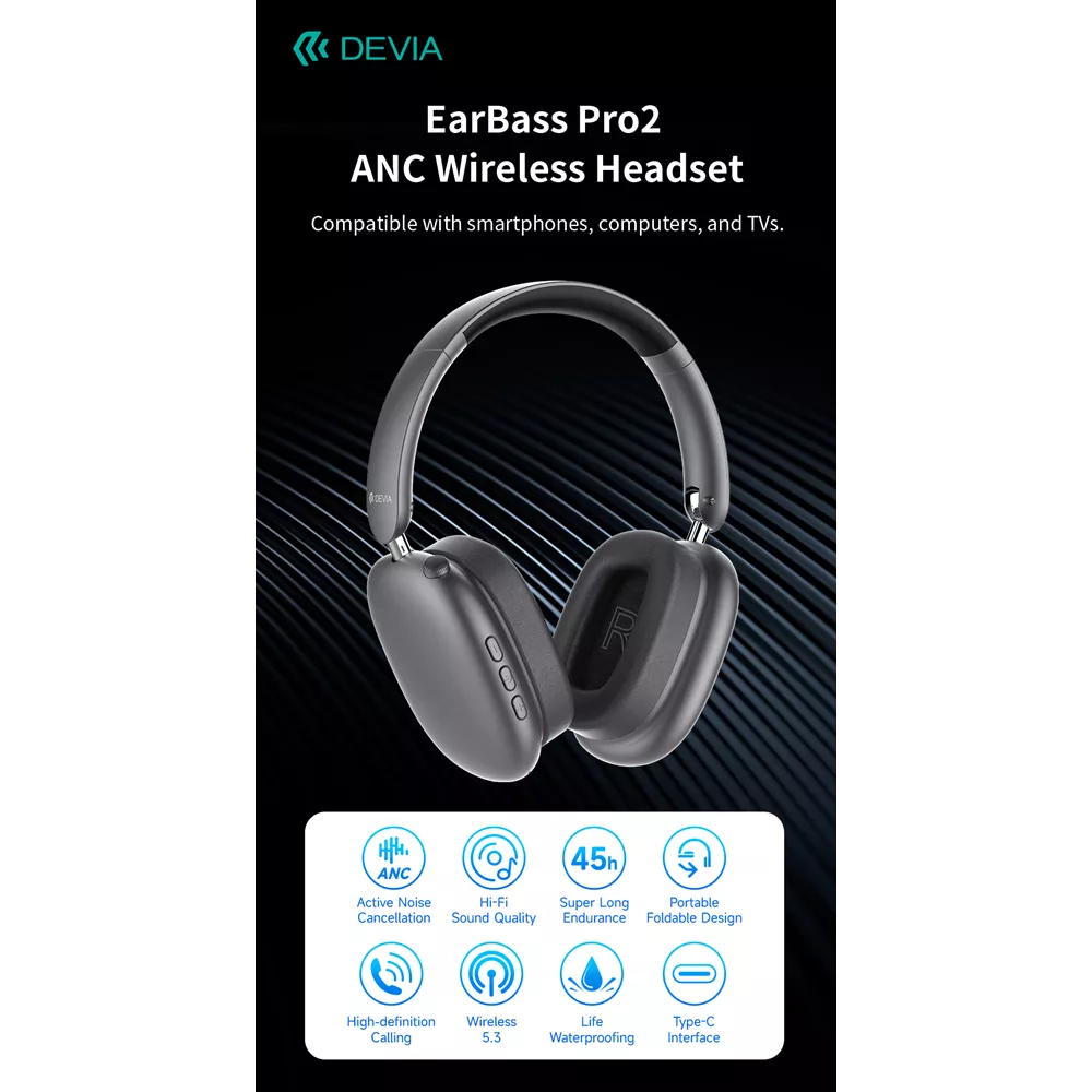 Devia - EarBass Pro2 - ANC On-Ear Wireless Headphones - Dark Grey