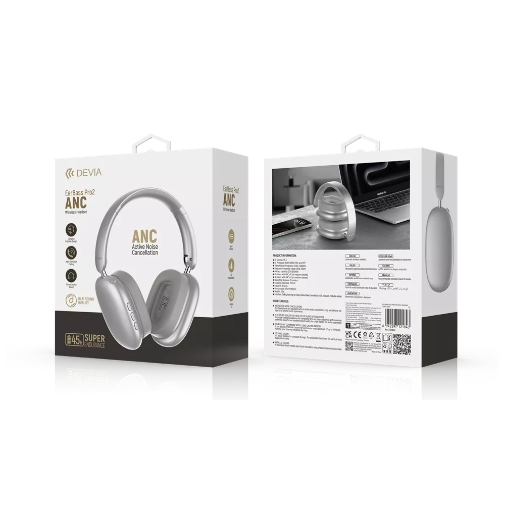 Devia - EarBass Pro2 - ANC On-Ear Wireless Headphones - Silver