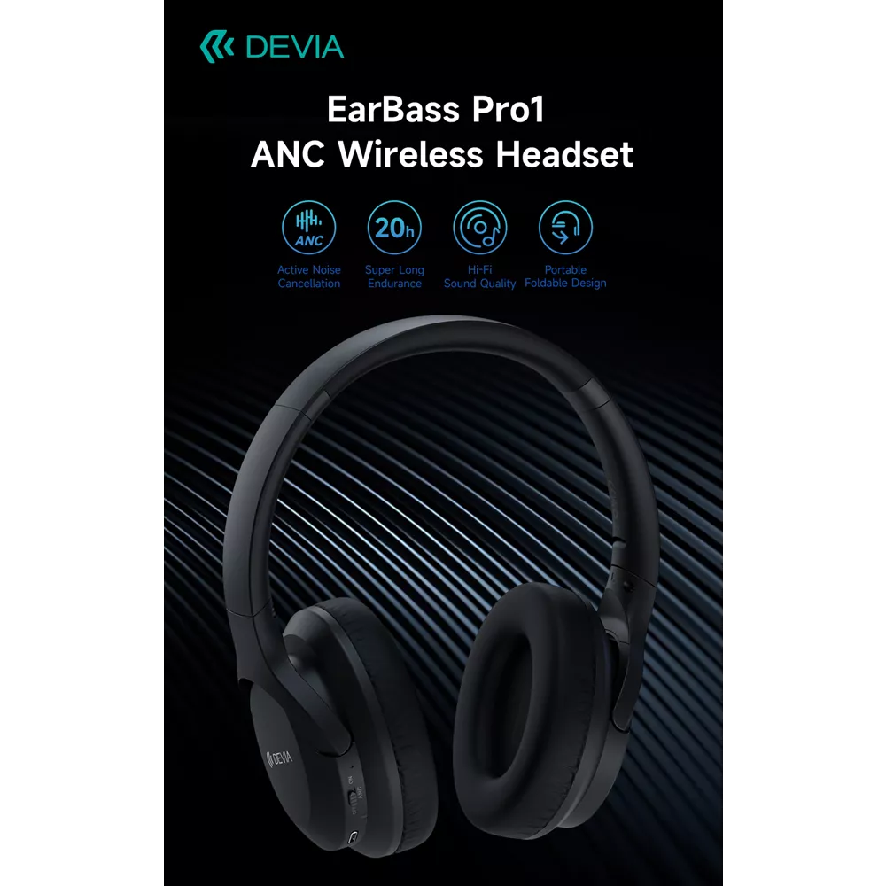 Devia - EarBass Pro - ANC Foldable On-Ear Wireless Headphones - BlacK