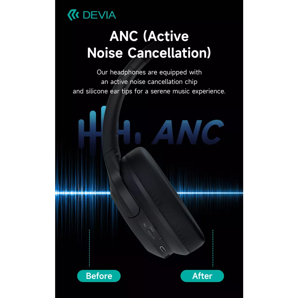 Devia - EarBass Pro - ANC Foldable On-Ear Wireless Headphones - BlacK