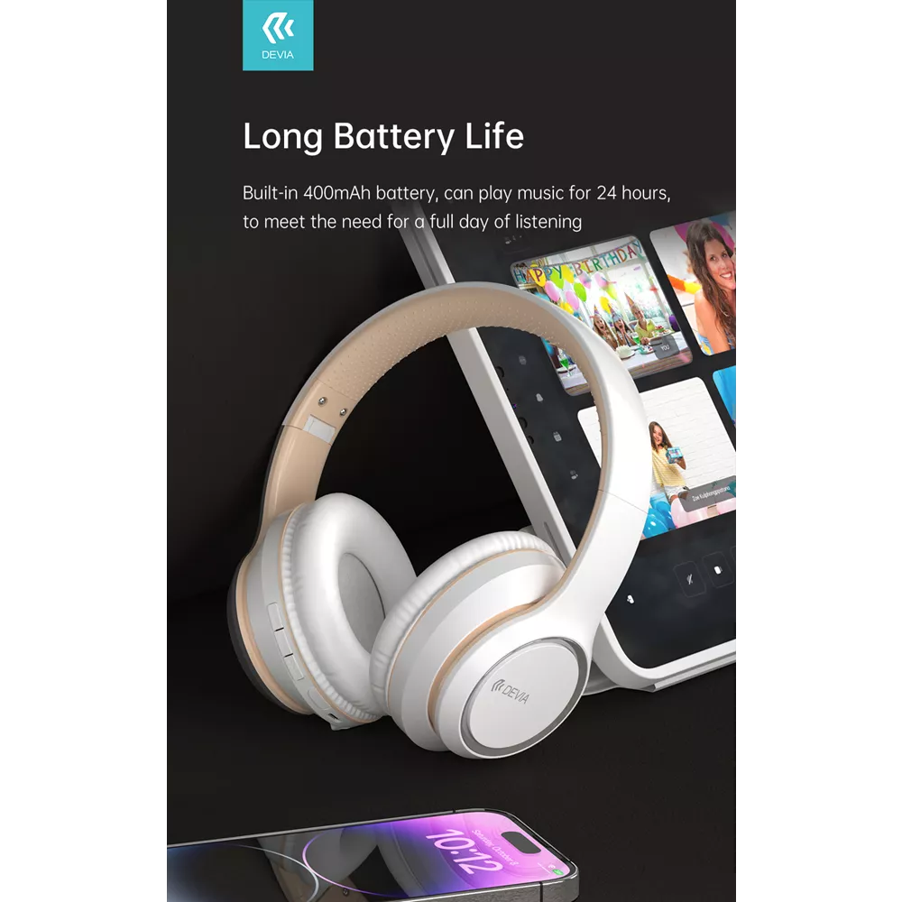 Devia - Kintone Foldable On-Ear Wireless HD Headphones - White