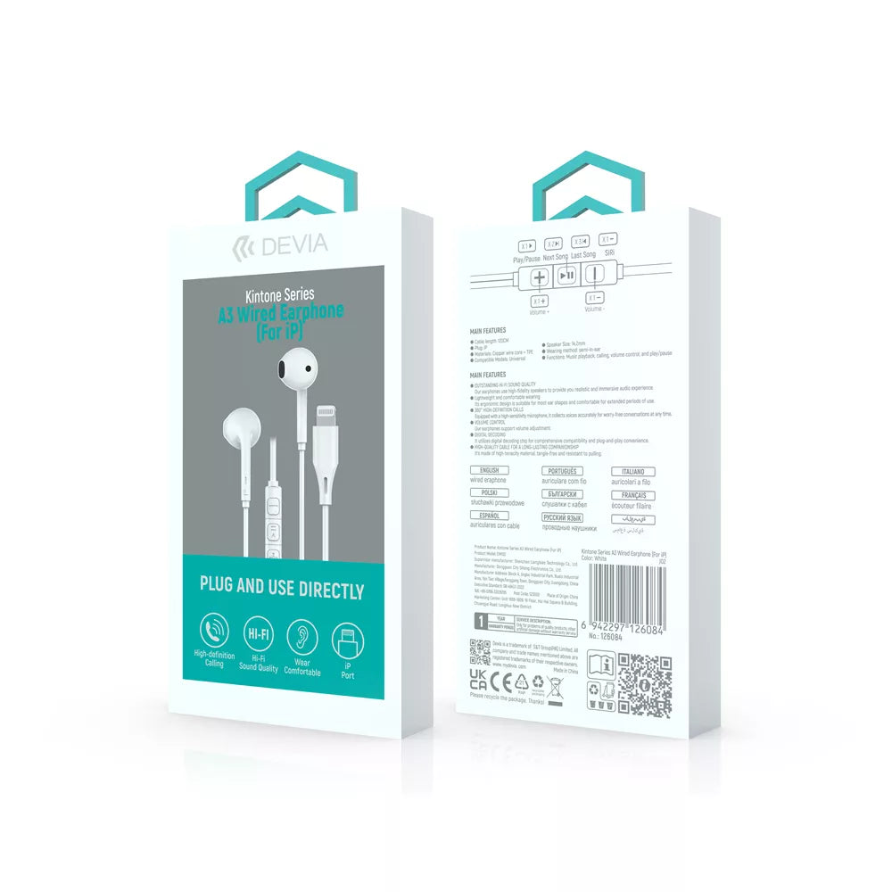 Devia - Lightning Earphones with Microphone & Volume Control - White