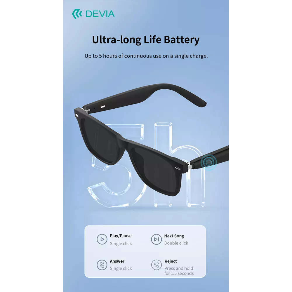 Devia - Lite1 - True Wireless Smart Sunglasses & Magnetic Charging - Black